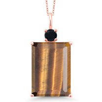 Gem Stone King 18K Rose Gold Plated Silver Brown Tiger Eye and Black Onyx Pendant Necklace for Women (12.22 Cttw, Emerald Cut 18X13MM, With 18 inch Silver Chain)