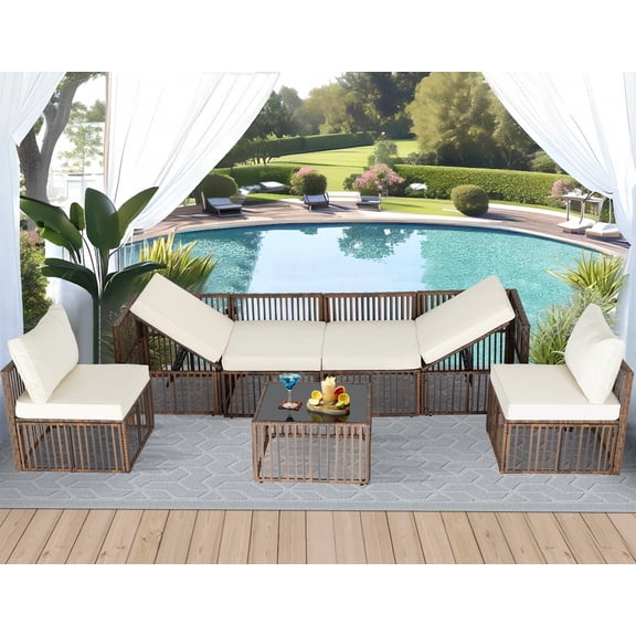 7 Pieces Outdoor Patio Furniture Set, Wicker Outdoor Sectional Conversation Couch Set with Adjustable Backrest Sofa, Cushions & Coffee Table for Outside,Garden,Deck,Brown Wicker/Beige Cushions
