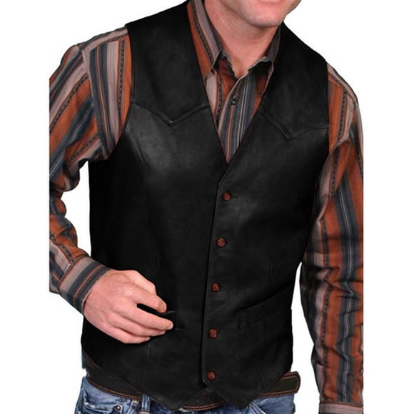 TIMIFIS Black Faux Leather Vests for Men Vintage Button Down V Neck Fashion Jackets Spring Fall Solid Color Outwear with Pockets