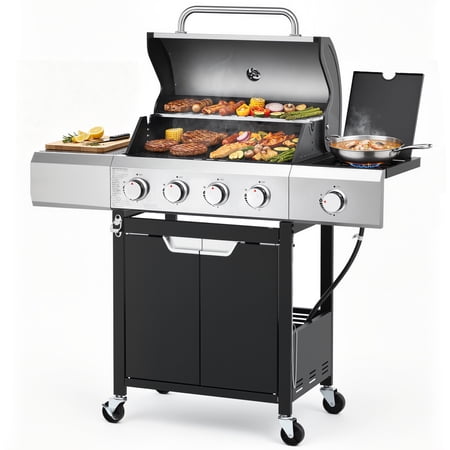 4-Burner Gas Grill with Side Burner, 51,000 BTU Propane BBQ Grill with Porcelain-Enameled Cast Iron Grates, Built-in Thermometer, Ideal for Patio Camping Outdoor Cooking