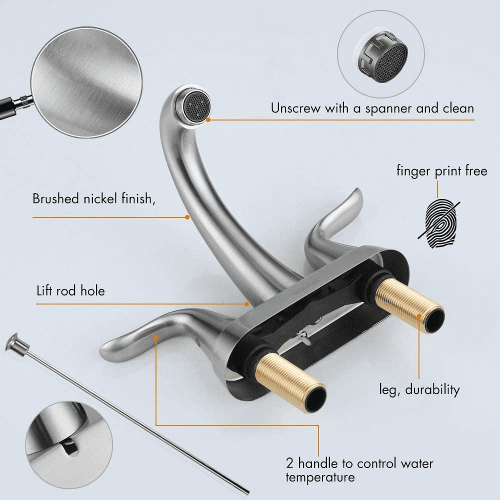 WOWOW 2 Handle 4 Inch Centerset Bathroom Sink Faucet in Brushed Nickel, Lead-Free Basin Mixer Tap with Lift Rod Drain Stopper