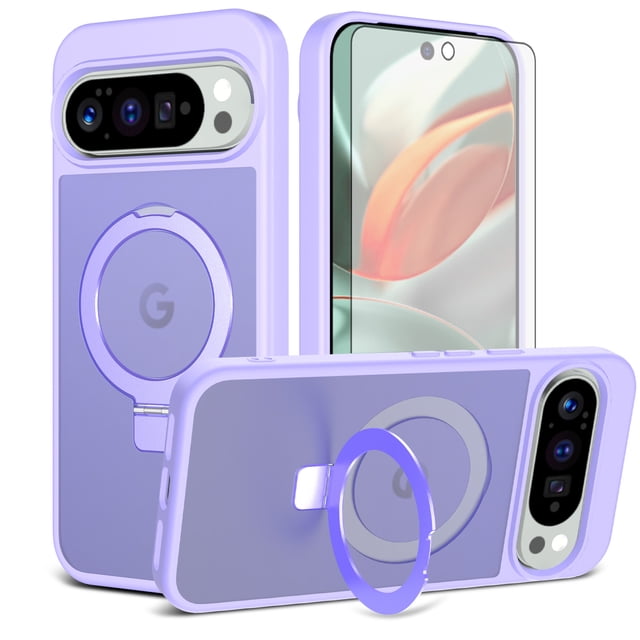 Asuwish Phone Case for Google Pixel 9 Pro XL/10 Pro XL Tempered Glass Screen Protector Magnetic Bracket stand Translucent Shockproof Protective Cell Cover Pixel9ProXL Pixel10ProXL Women Men Purple