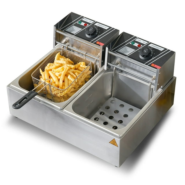KFFKFF Commercial Electric Deep Fryer, 24L Large Capacity Electric Countertop Fryer with Dual Removable Basket, 3000W Stainless Steel Dual Deep Fryer for Kitchen, Restaurant and Commercial Use, Silver