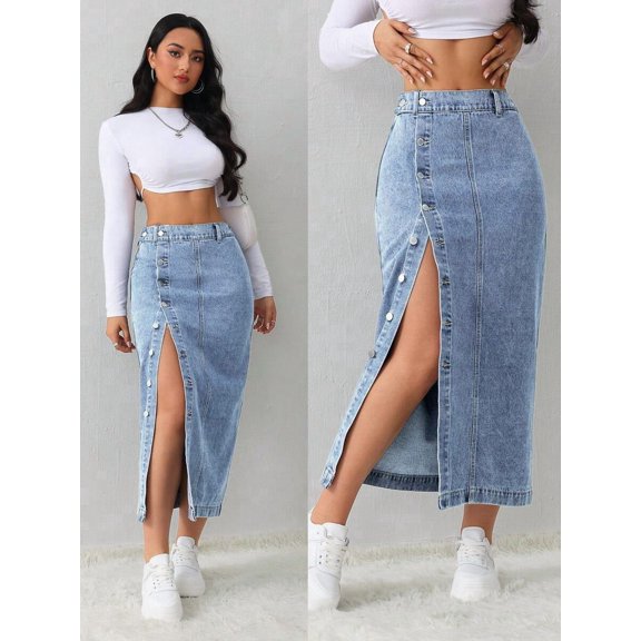 Light Wash-2 Denim Midi Skirt With Front Button Closure And High Side Slit