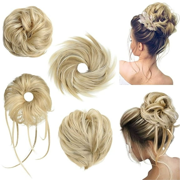 Messy Bun Hair Pieces, 4 Pieces Messy Bun Straight Bun Hair Pieces for Women Wavy Tousled Updo Short Ponytail Hair Extensions Hair Scrunchies Large Bun with Elastic Band
