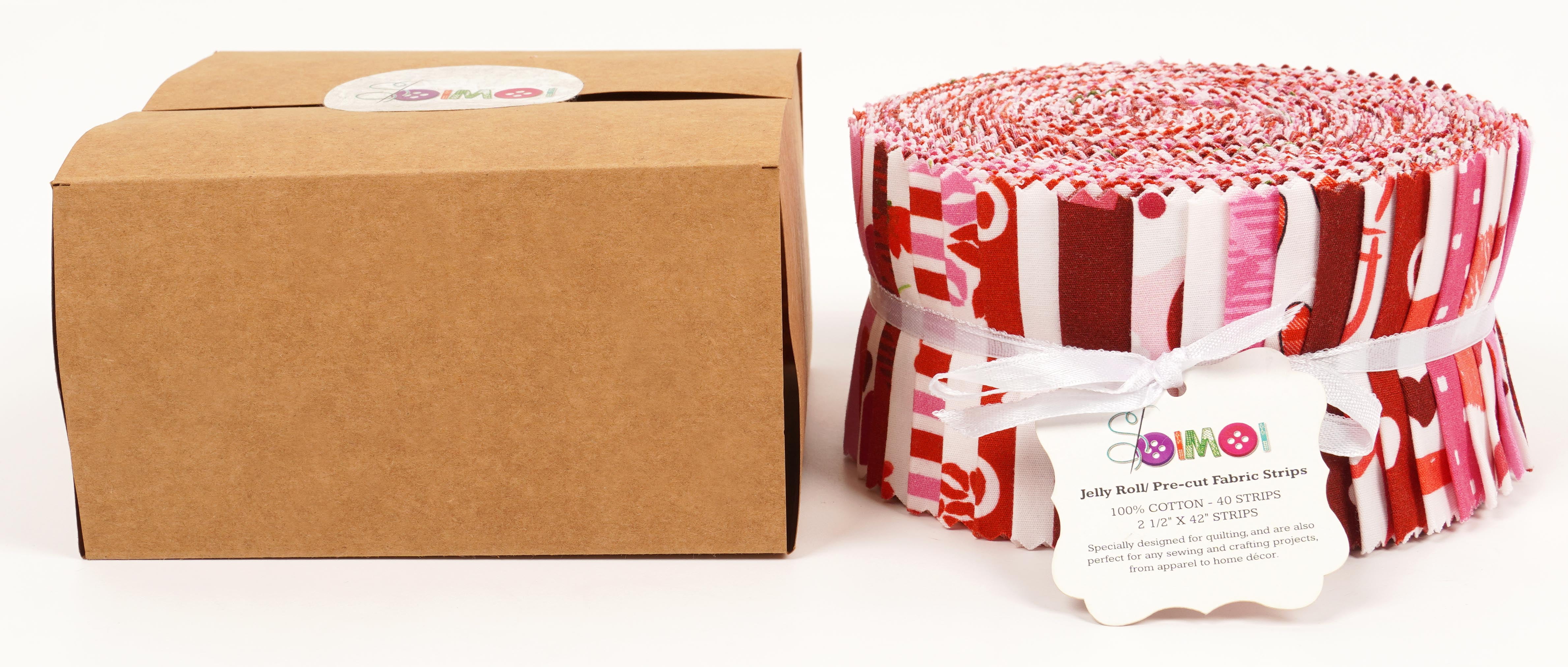 Soimoi 40Pcs Valentine Print Cotton Precut Fabrics For Quilting Craft Strips 2.5x42 inches Jelly Roll - Pink-White & Red