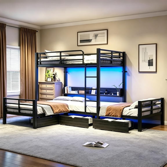Generic L‑Shaped Triple Bunk Bed with Storage Drawers, Shelves, Led Lights and Usb Ports for Teens & Adults, Black