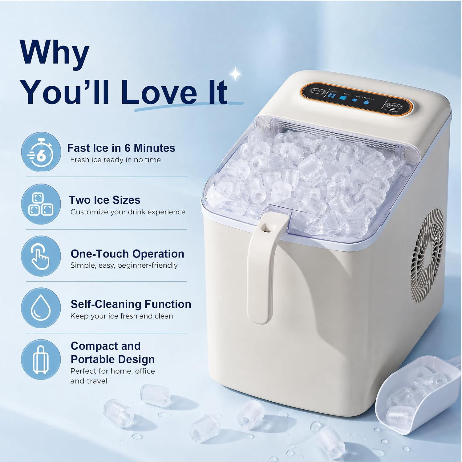 Countertop Bullet Ice Maker Machine 33lbs/Day, 6 Mins Fast Ice Production 2 Sizes Small Large Ice Cubes Auto Self Clean for Home Office RV Bar Dorm