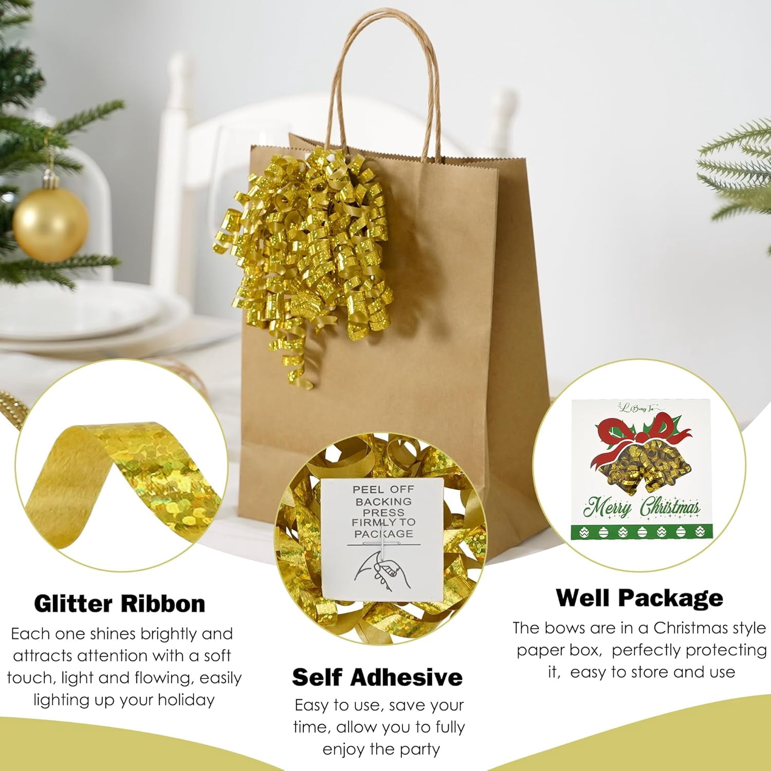12 PCs Gold Bows for Gift Wrapping 5 Inch Self Adhesive Curly Ribbon Bow for Party Favor, Gift Wrap Accessory, Metallic Christmas Bows, Premade Bows for Presents, Wine Bottles, Baskets