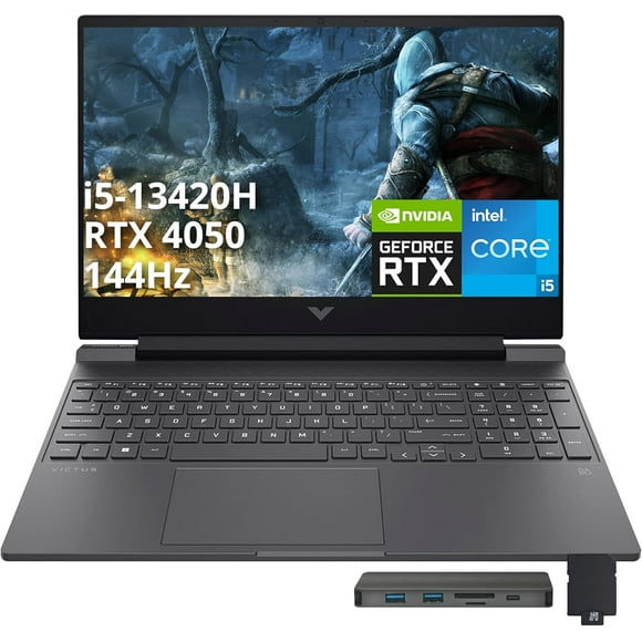HP Victus 15.6" 144Hz FHD Gaming Laptop, Intel i5-13420H, 32GB RAM, 1TB PCIe SSD, NVIDIA GeForce RTX 4050, Backlit Keyboard, WiFi 6, Windows 11 Pro, Mica Silver, 256GB Docking Station Set