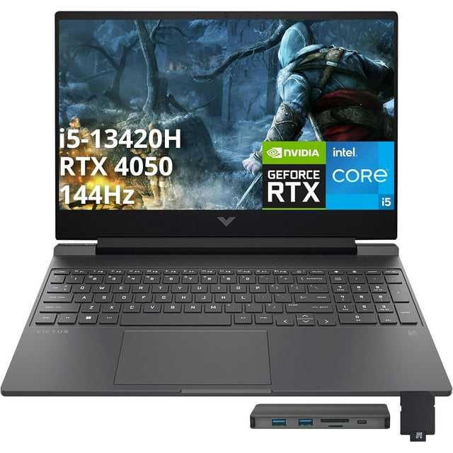 HP Victus 15,6 Po 144 Hz Portable de Jeu FHD, Intel i5-13420H, 16 Go de RAM, SSD PCIe 512 Go, NVIDIA GeForce RTX 4050, Clavier Rétroéclairé, Wi-Fi 6, Windows 11 Pro, Mica Argent, Ensemble Station d'Accueil 256 Go