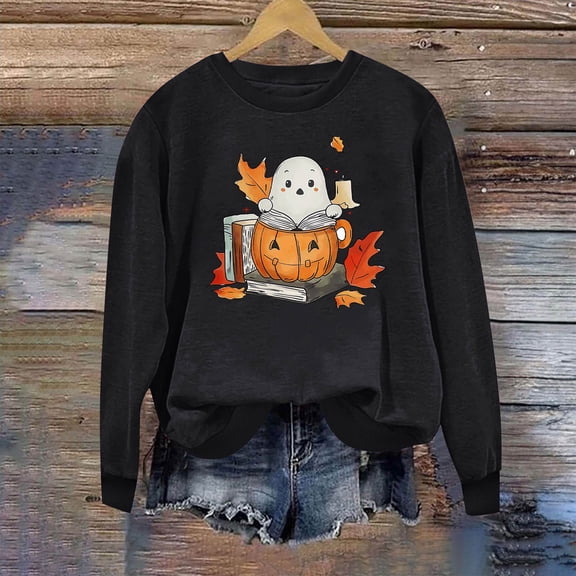 Inverlee Halloween Sweatshirts Women Funny Pumpkin Ghost Graphic T-shirt Stretch Round Neck Sweatshirt Long Sleeve Holiday Pullover Tops Halloween Clothes
