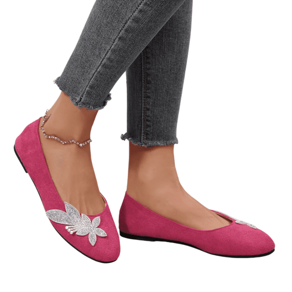 Willtoo Slip On Flats for Women Round Toe Low Cut Rhinestone Floral Shoes 2026 Faux Suede Lightweight Shoes Non Slip Rubber Sole Daily Casual Footwear
