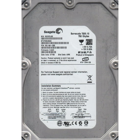 ST3750640AS, 3QD, AMK, PN 9BJ148-305, FW 3.AAE, Seagate 750GB SATA 3.5 Hard Drive