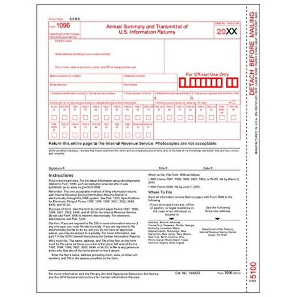 Formulaire de Transmission/sommaire de Taxes Laser 1096 Approuvé par l'Egp IRS, Quantité 10 Formulaires