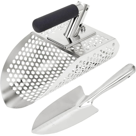 Sand Scoops for Metal Detecting, Stainless Steel Metal Detector Scoop with Digging Tool, Sand Sifter Shovel, Metal Detector Accessories, Heavy Duty Metal Detecting Shovel, Sand Flea Rake for Beach