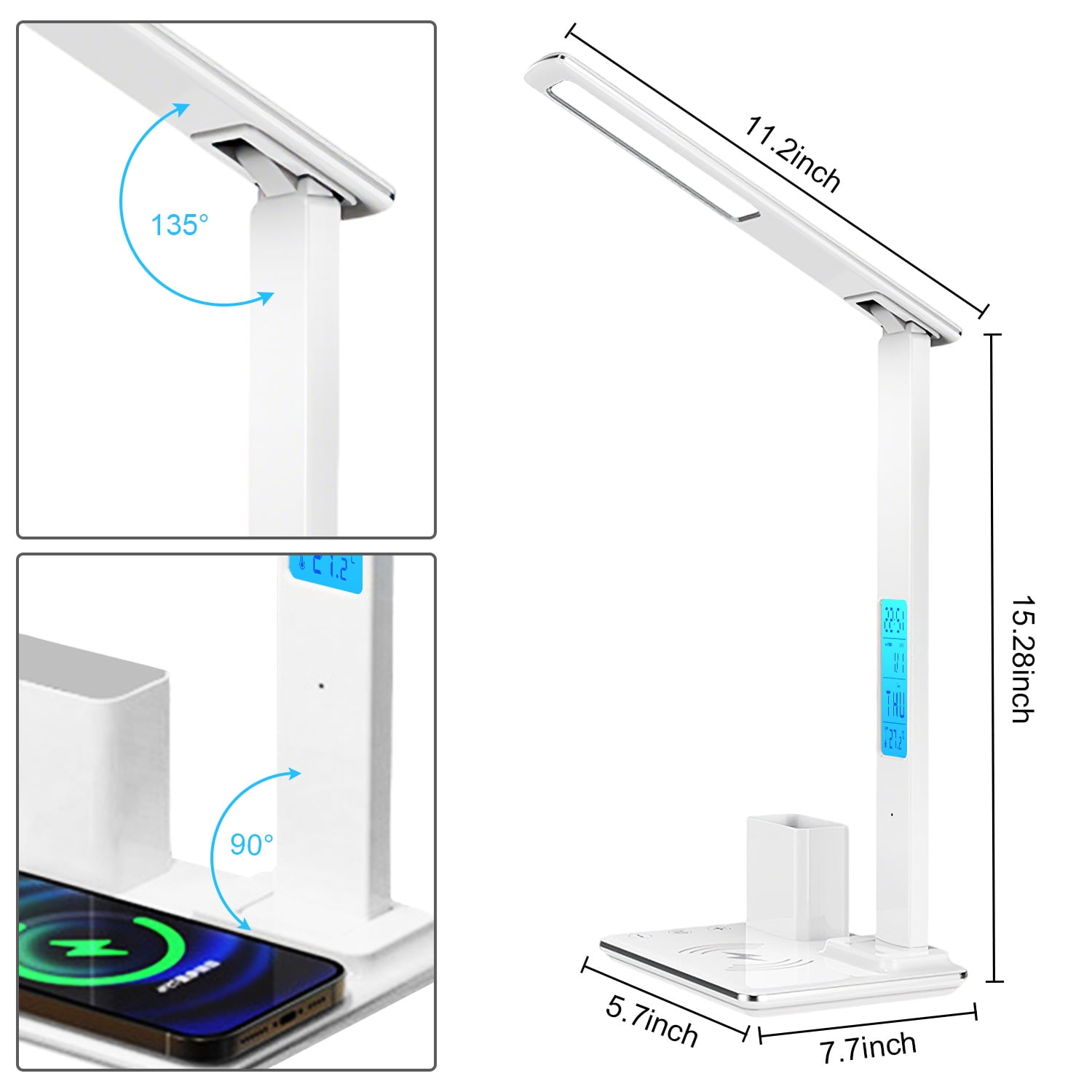Desk Lamp, LED Desk Lamps for Home Office, Wireless Charger Touch Table Lamp with Pen Holder, Dimmable Office Desk Light with Clock, Alarm, Date, Temp, Foldable Lamp for Table Bedroom Office, White