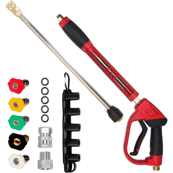 Pressure Washer Gun, Red High Power Washer Gun with Replacement Wand Extension, 5 Nozzle Tips, M22 Fittings, 40 Inch, 5000 PSI