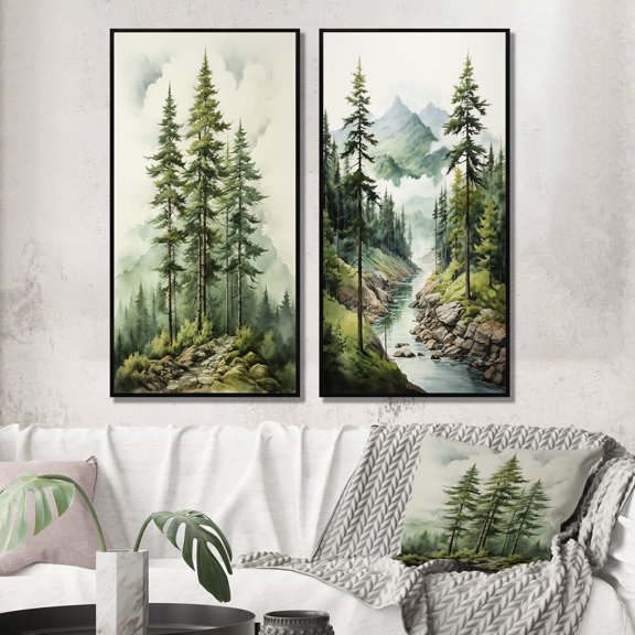 Designart "Green Pine Tree magic Guardians II" Tree Pine Framed Wall Art Set Of 2 - Green Floral Gallery Wall Frame Set For Home Decor