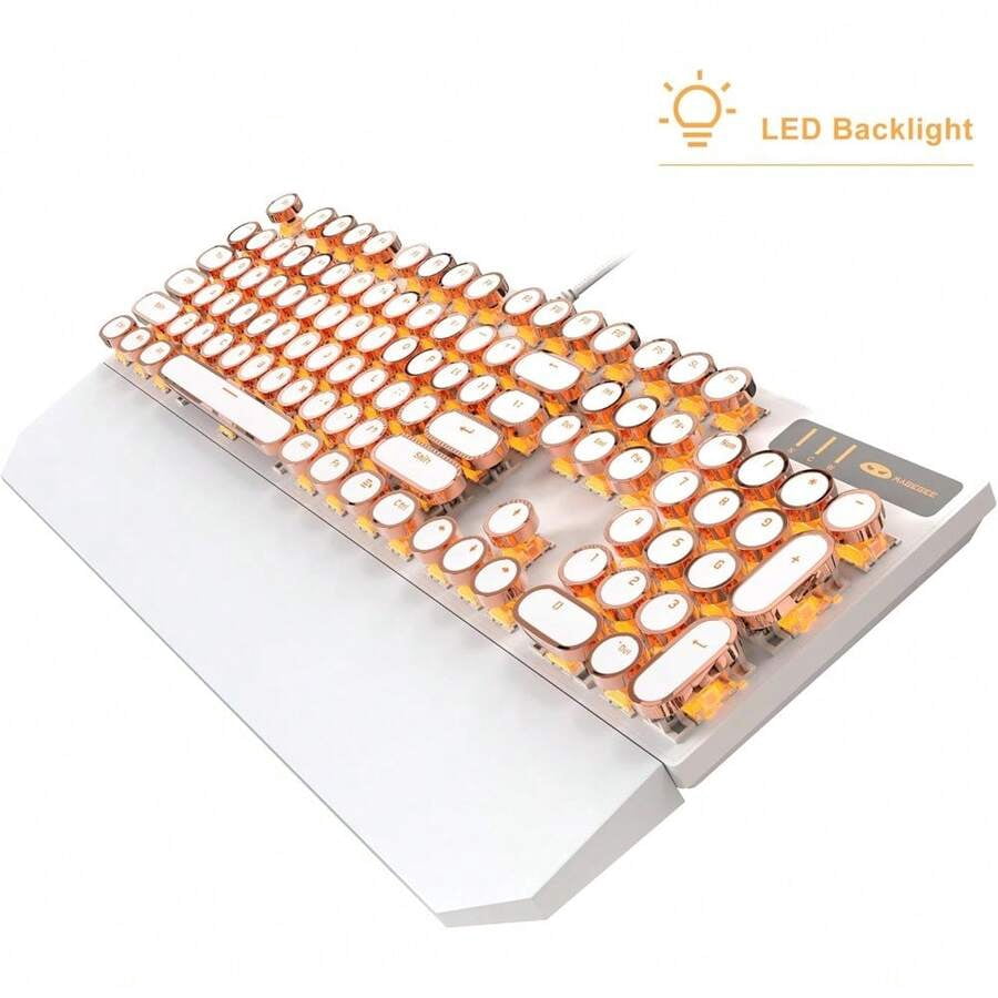XX Typewriter Mechanical Gaming Keyboard, Retro Black Punk Round Keycaps RGB Rainbow Backlit Wired Keyboards For Laptop PC Gamer, With Magnetic Wrist Rest - Blue Switch