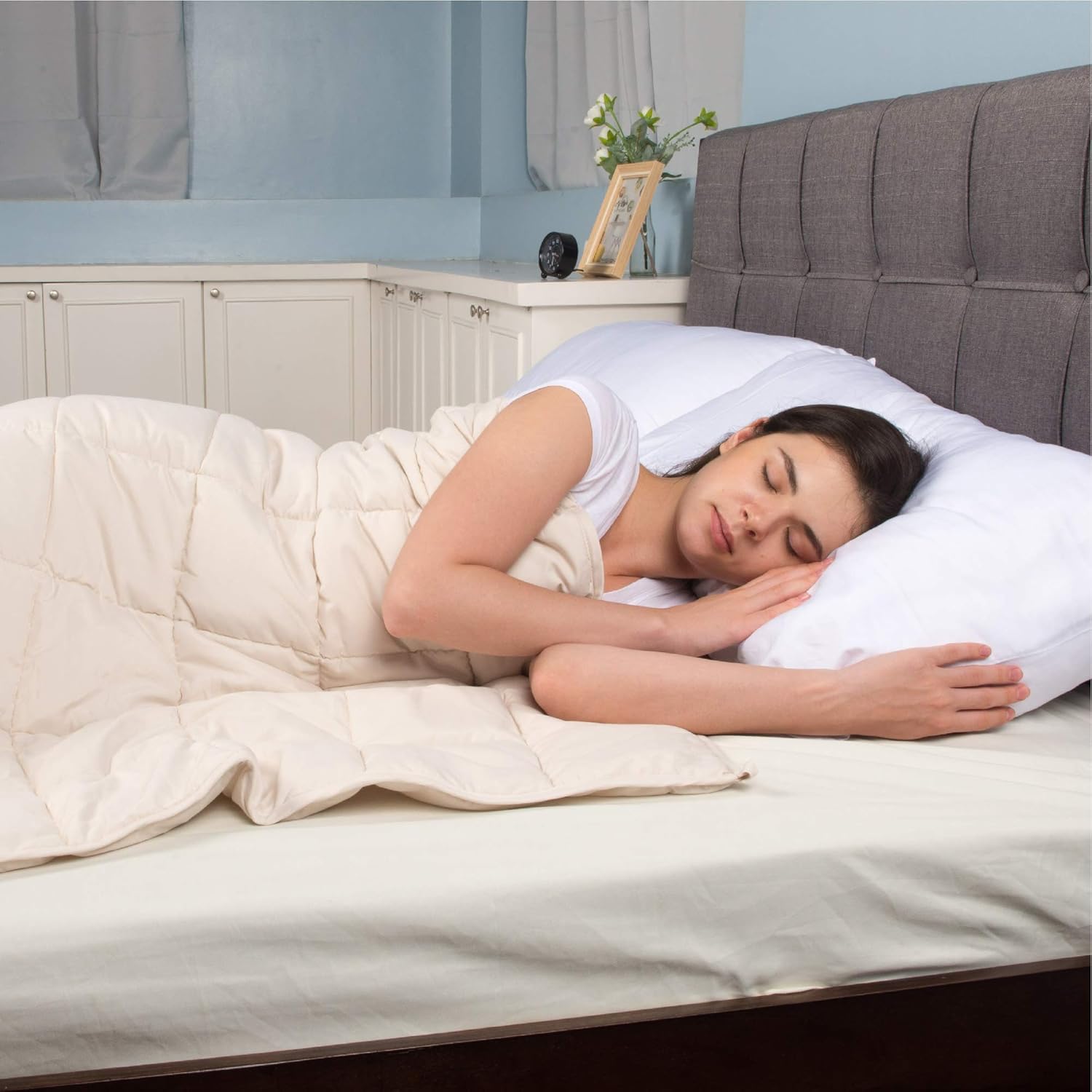 NEX 100% Microfiber Off White Weighted Blanket 12 lbs, 48” x 72” with Removable Light Gray Duvet Cover