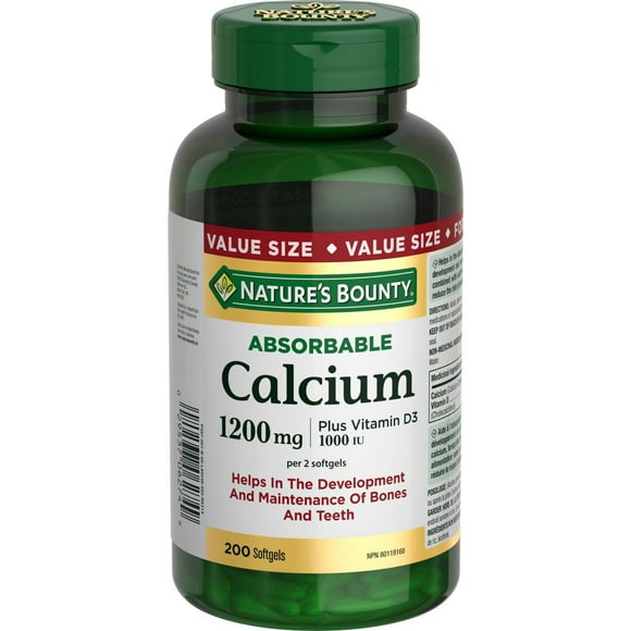 NATURE'S BOUNTY Calcium absorbable plus vitamine D3, 1&nbsp;200&nbsp;mg, aide les os et les dents, aide à l’absorption du calcium et du phosphore, peut réduire le risque d’ostéoporose, format éco, gél 200 gélules