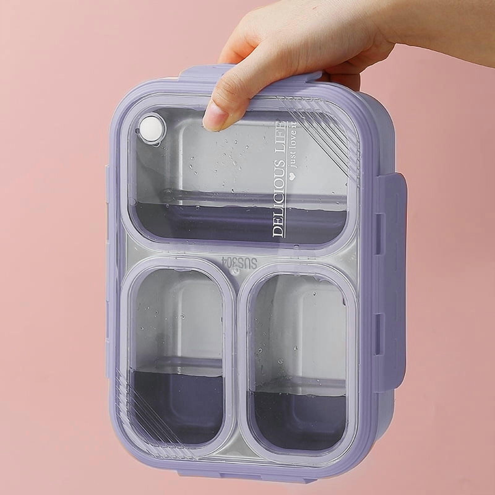 Stainless Steel Adults Bento Box Leak-resistant Lunch Box Containers Snack Containers 3-Compartment Snack Tray Soup Bowl with Lid Spoon Chopsticks Dishwasher Safe Purple