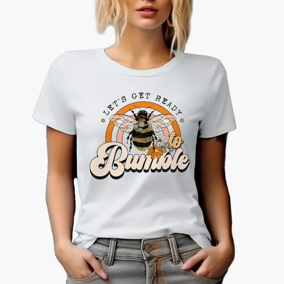 Distressed Let's Get Ready to Bumble Pun Quote - Bee & Rainbow Art Merch Gift, White T-Shirt, Small