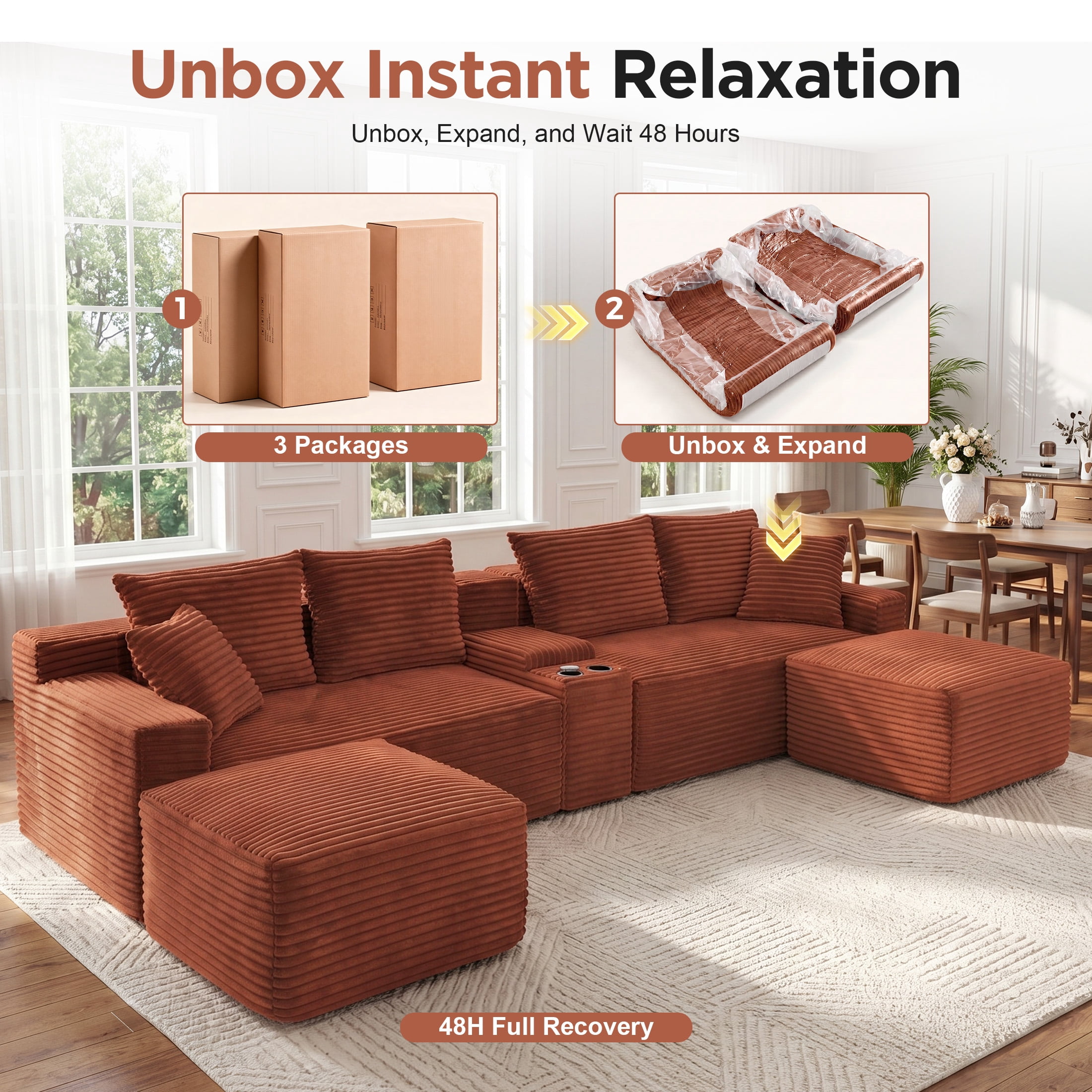 Aenkyo 127" Corduroy U-Shaped Modular Sectional Sofa with Storage Console and Cup Holder, Orange
