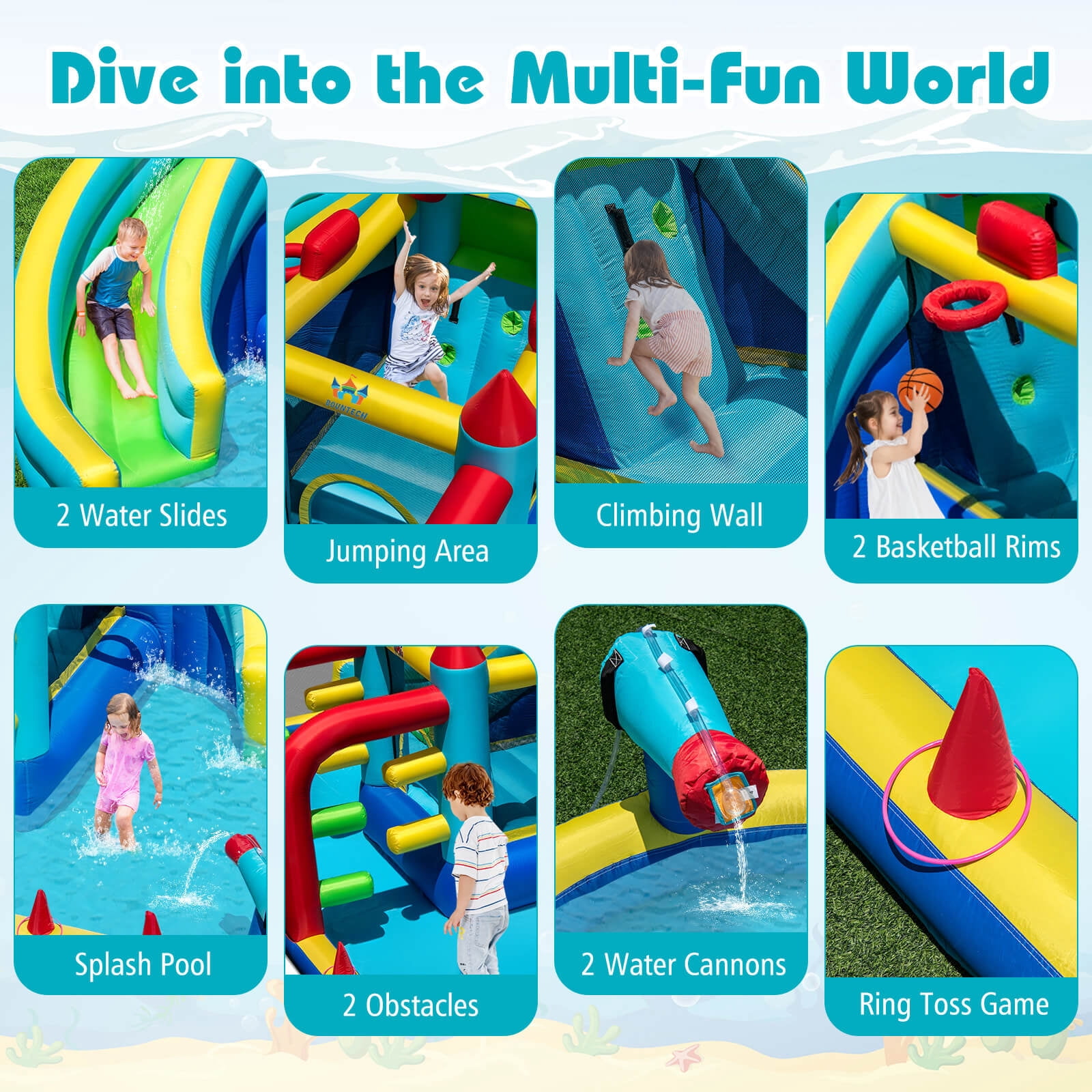 Costway Inflatable Water Park with Climbing Wall Splash Pool Water Cannons 750W Blower