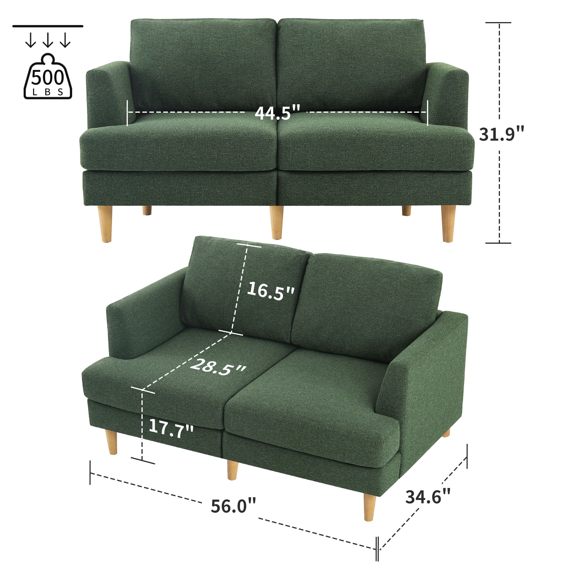 Gericco Loveseat Sofa, Mid Century Modern Decor Love Seat Couches for Living Room（Green）