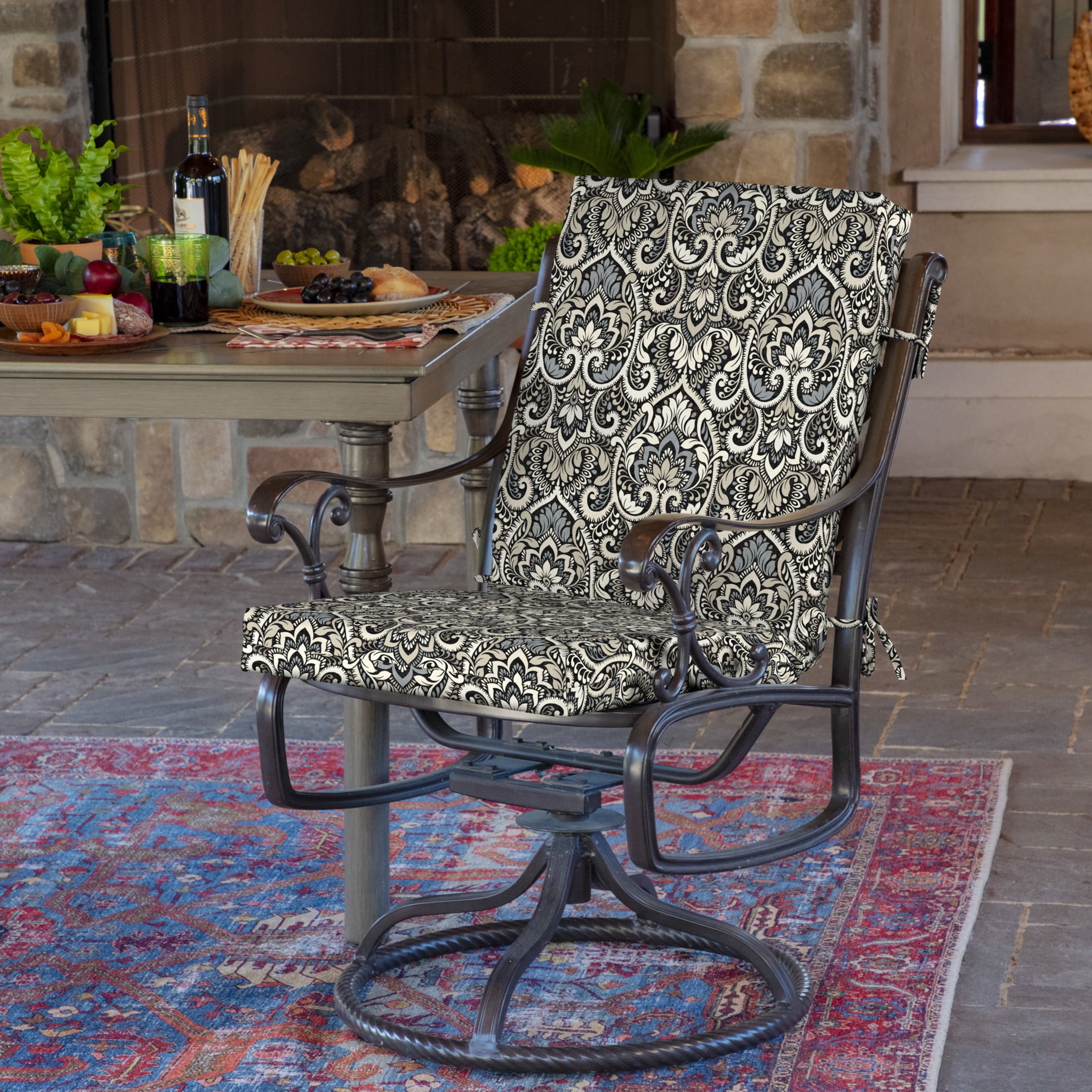 ARDEN 4-Pack Outdoor Patio Dining Chair Cushion, 20x44, Rain-Proof Seat Pad, Fade-Resistant Outdoor Cushion Black Aurora Damask