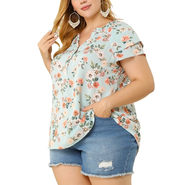 Women's Plus Size Tops Floral Printed Ruffle Trim V Neck Layered Sleeve Blouse Light Blue 2X
