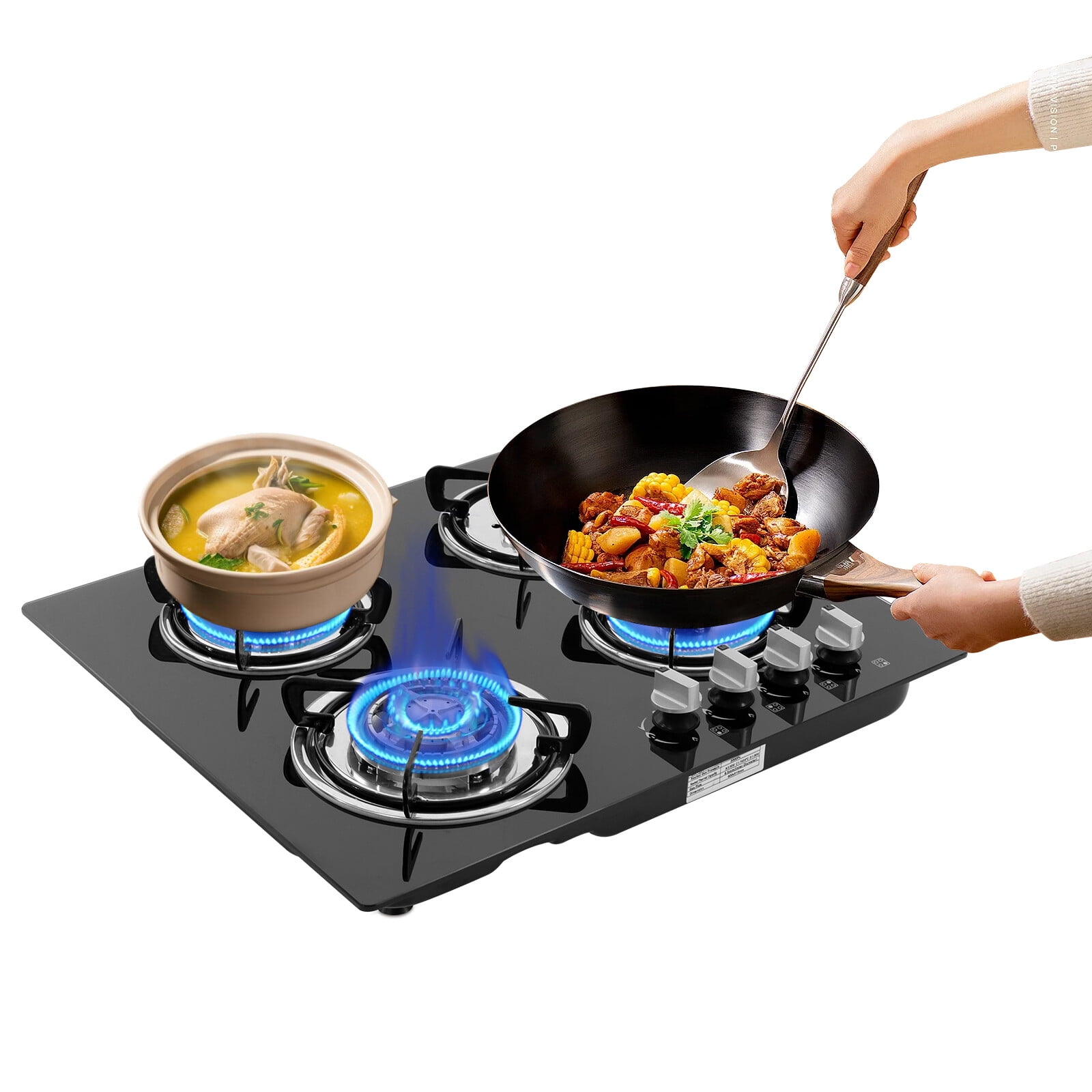 Modern Black Built-In 4 Burner Gas Stove Gas Cooktop 23.2 Inch Gas Stove Top Aluminum Alloy 23.23*20.08in for Home Kitchens, Restaurants, Hotels