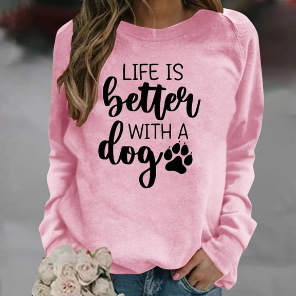 cllios Sweatshirt for Women Round Neck Dog Paws Graphic Top Long Sleeve Letter Print Cute Shirt Trendy Pullover Sweatshirt