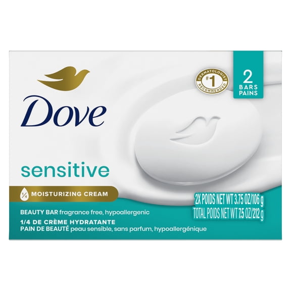 Dove Beauty Bar Soap For Sensitive Skin, Sensitive, Fragrance Free And Hypoallergenic , 3.75 oz 2 Bars