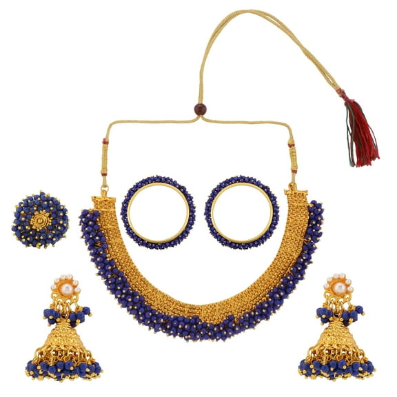 Efulgenz Indian Jewelry Bollywood Beaded Faux Pearls Necklace Earrings Bangle Ring Jewelry Set for Women