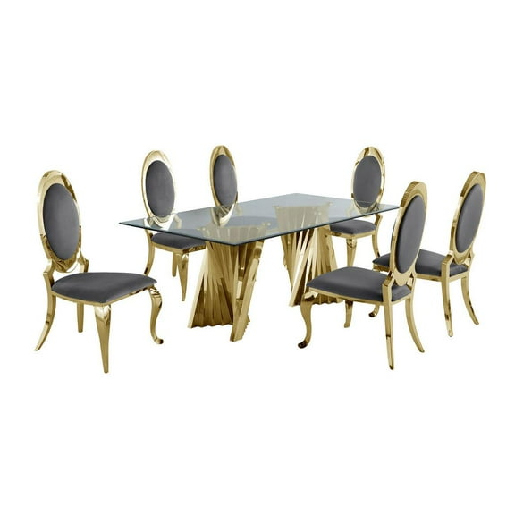 Clear Glass Dining Set with Table and 6 Oval Gray Velvet Chairs