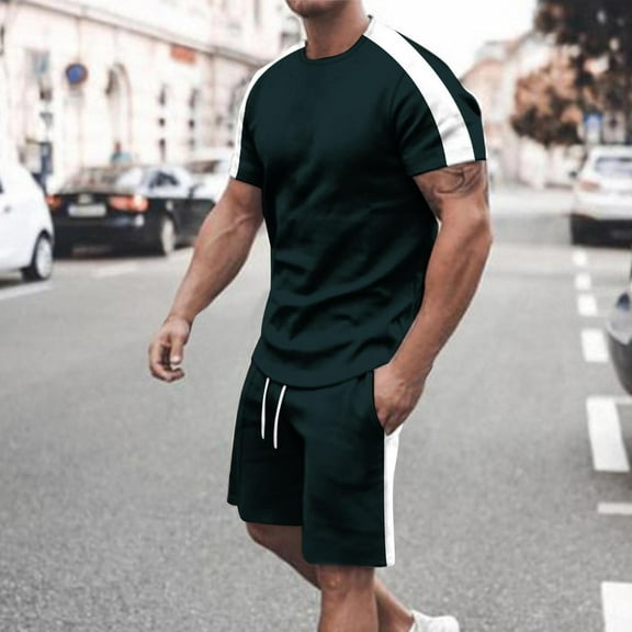 S-5X Big & Tall Outfits for Men Plus Size 2 Piece Athletic Workout Sets Color-Block Short Sleeve T-Shirts and Shorts Tracksuits with Pockets