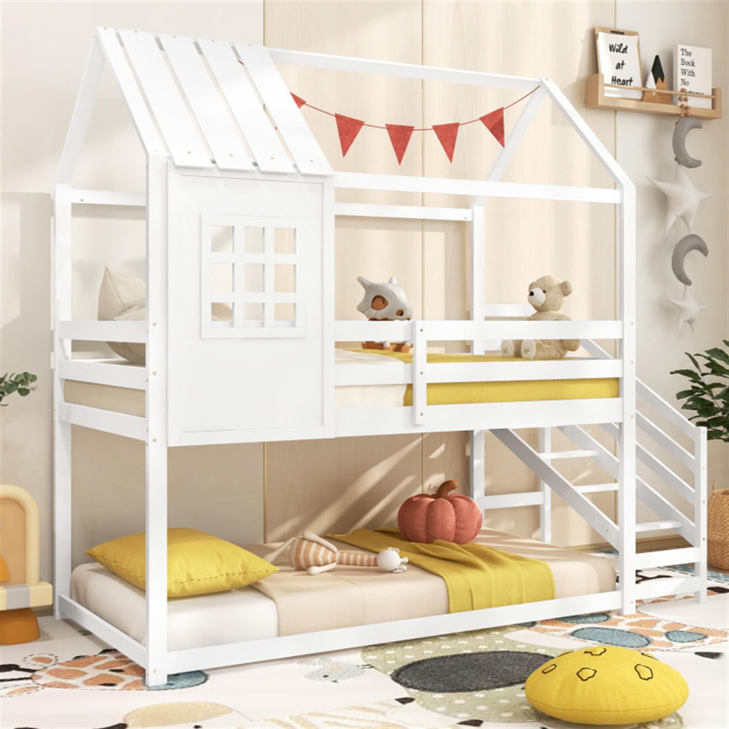 Demi Bonn Twin Over Twin Bunk Bed with Stairs and Roof, Twin Bunk Beds, Space-saving Solid Wood House Bed Frame, White