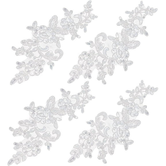 4PCS Sequin Embroidered Lace Patches Leaf Flowers Lace Applique Sewing Floral Fabric Craft Decoration Patches for DIY Clothes Dress Pants Sewing Wedding (White) White