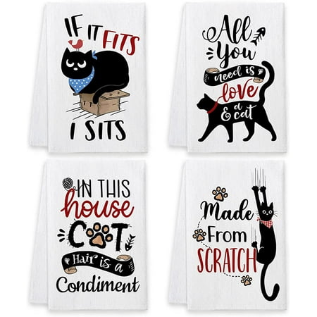 

SPXUBZ Kitchen Towels Funny Black Cat Blue Towels for Cat Lovers Home Kitchen Decor Housewarming Gift Towel Set of 4