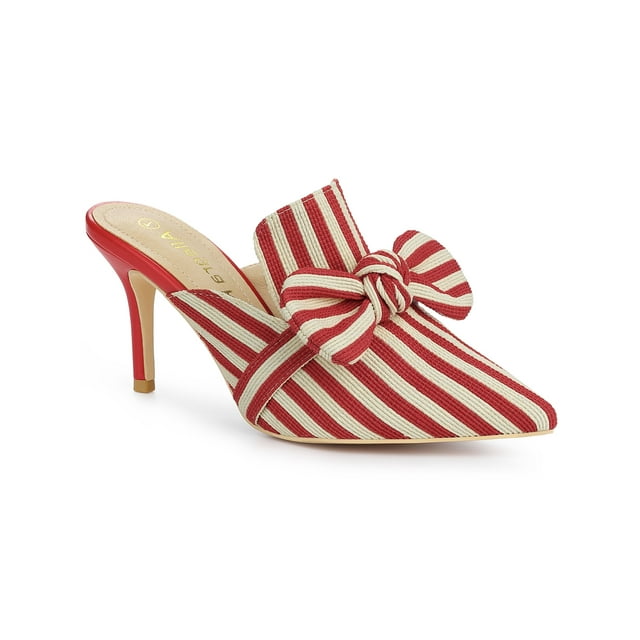 BLISSFUL STEP Women's Stiletto Heel Mules Pointed Toe Stripe Bow Slip-On Dress Shoes Red 6