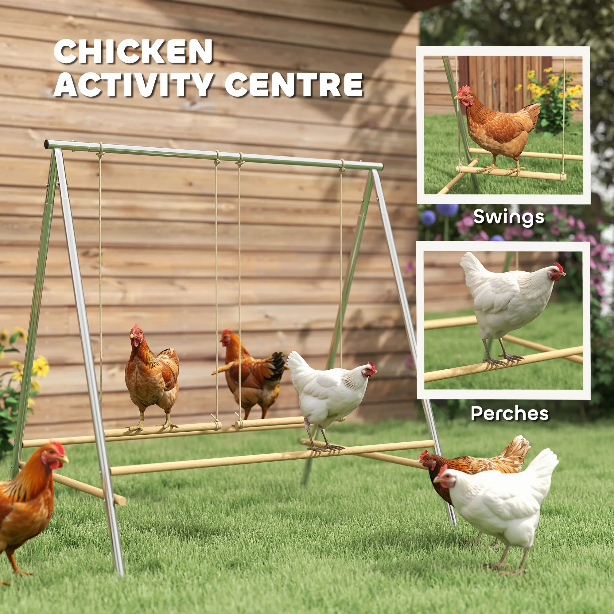 Freestanding Chicken Playground with 2 Adjustable Swings 4 Pine Wood Perches, Rust Proof Galvanized Steel Frame, Chicken Toy for 4-6 Chickens Yard Coop Run