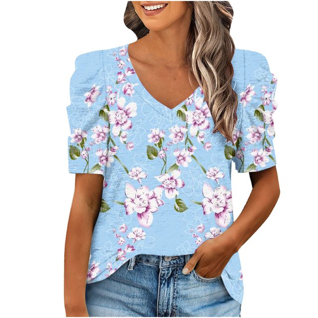 Tops Para Mujer Elegante Blusa Informal Cuello en V Manga Corta Con Estampado de Manga Corta Con Cuello en V Odeerbi ODB163459