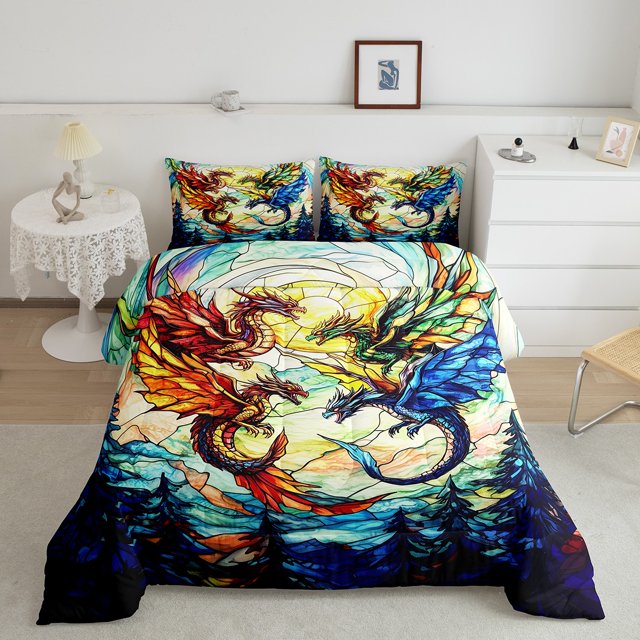 Western Dragon Men Comforter Set Queen Size,Flying Dragon Wing Pine Trees Rustic Bedding Set,Boys Girls Room Decor,Geometric Patchwork Abstract Down Comforter,Blue Trippy Duvet Insert,2 Pillowcases