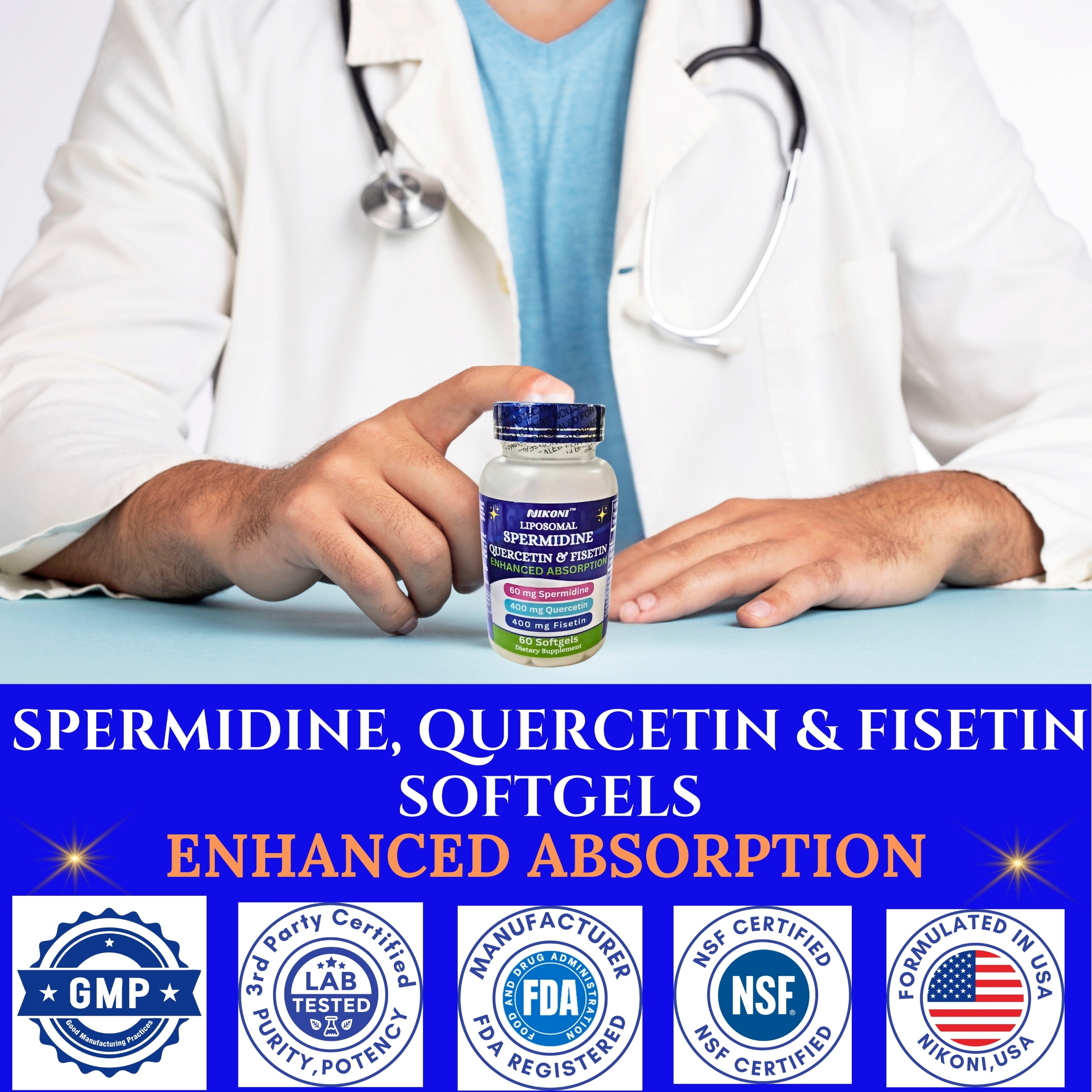 Nikoni Liposomal Spermidine Quercetin Fisetin Antioxidant and Cellular Wellness Supplement 240 Softgels