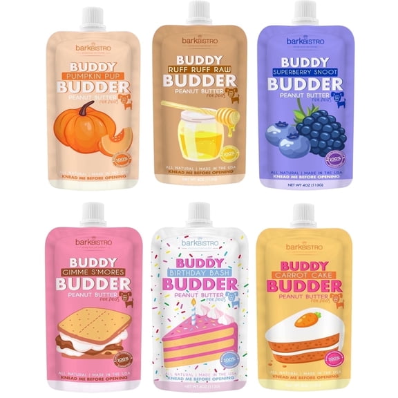 6pk Mixed Buddy Budder Squeeze Pack, Dog Peanut Butter, 4oz each
