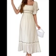 thumbnail image 2 of Vestido Midi de Corta para Mujer, Cuello Cuadrado, Color Contrastante, Informal, Fruncido con Ribetes. Albaricoque M, 2 of 7