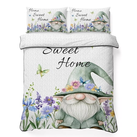 Home Sweet Home Queen Quilt Bedding Set Farmhouse Green Gnome Flowers Rustic Lightweight Comforter with 2 Pillow Shams Bedroom Bedspread Set Home Decor for All Seasons